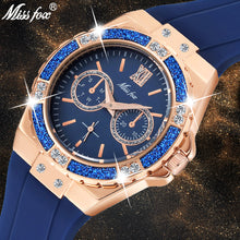 Load image into Gallery viewer, MISSFOX Women's Watches Chronograph Rose Gold Sport Watch Ladies Diamond Blue Rubber Band Xfcs Guessing Female Quartz Wristwatch